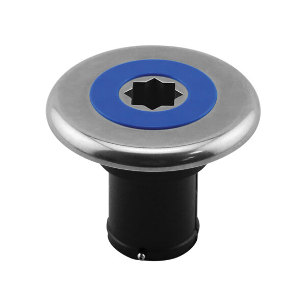 Boca INOX Ø38mm, con Tapón Azul, para Agua, Base Negra