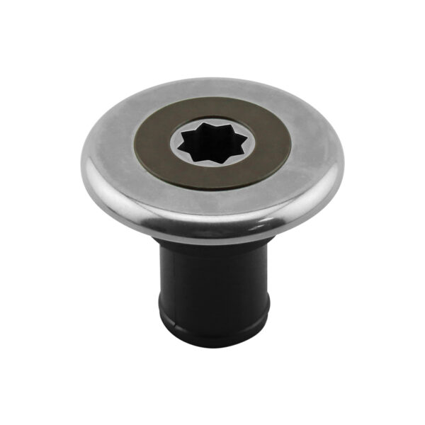 Boca INOX Ø38mm, con Tapón Marron, para Aguas Negra, Base Negra