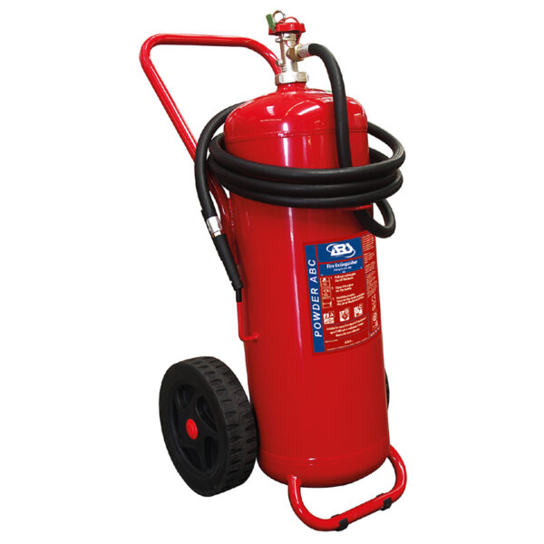 Carro Extintor contraincendios, polvo seco 50 kg, de manguera con difusor, SOLAS/MED(EN,FR,ES,PT)