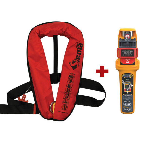 Chaleco Inflable Sigma, Auto, 170N, c/Harness, ISO, Adulto, Rojo, c/Ocean Signal MOB2,Juego