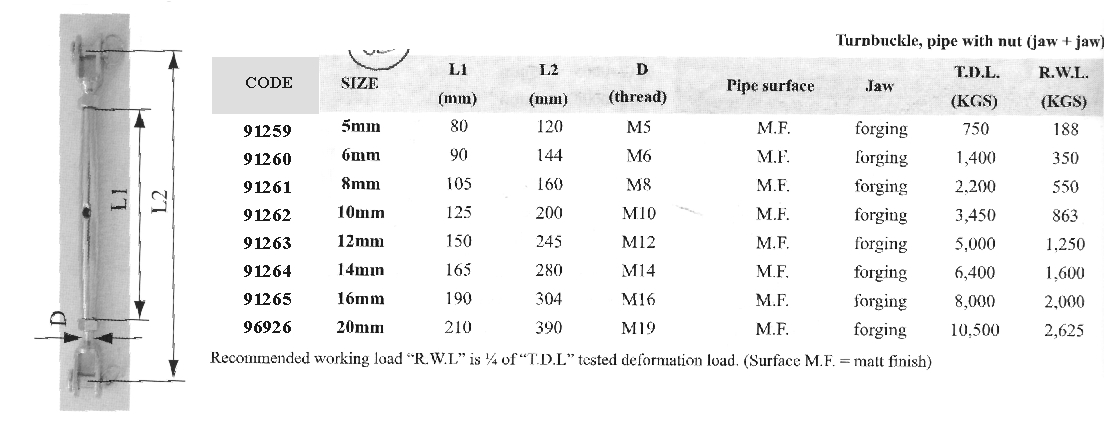 Pipe turnbuckle w/ nut, jaw & jaw, Inox 316, 5mm: imagen 1