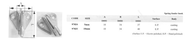 Spring fender hook, 10mm, inox 316 - 40mm